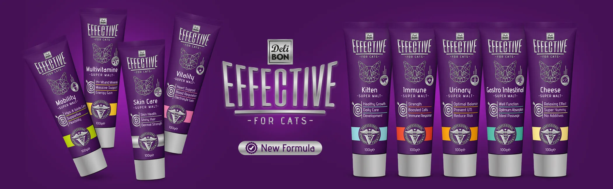 Effective kedi maltı ürün serisi – Hairball, Kitten, Immune, Urinary, Skin Care, Mobility ve diğer formüllerin ambalaj görseli