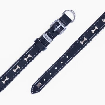 Doggie Konforlu Gerçek Deriden El Yapımı Kemik Süslü Köpek Boyun Tasması 2,5x37-45cm - Black