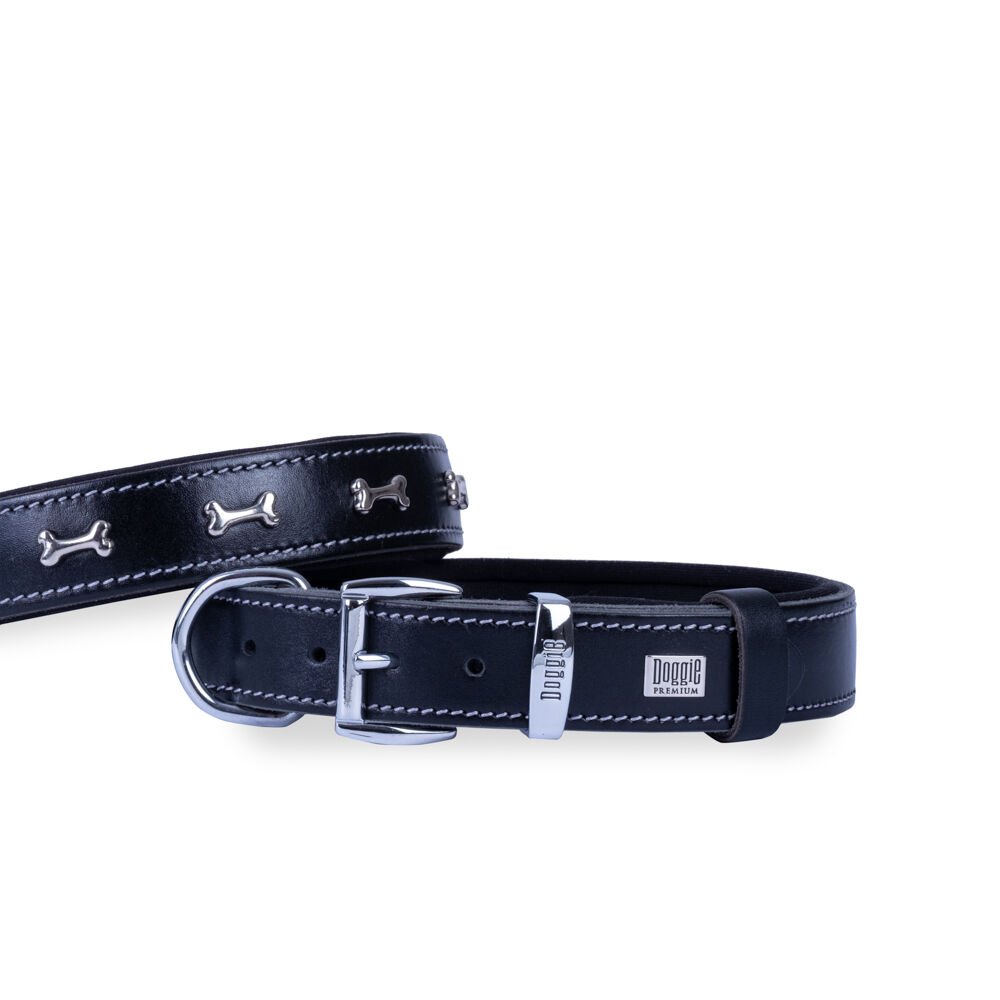 Doggie Konforlu Gerçek Deriden El Yapımı Kemik Süslü Köpek Boyun Tasması 2,5x37-45cm - Black