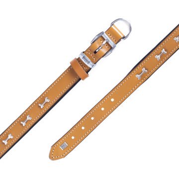 Doggie Konforlu Gerçek Deriden El Yapımı Kemik Süslü Köpek Boyun Tasması 2,5x37-45cm - Camel