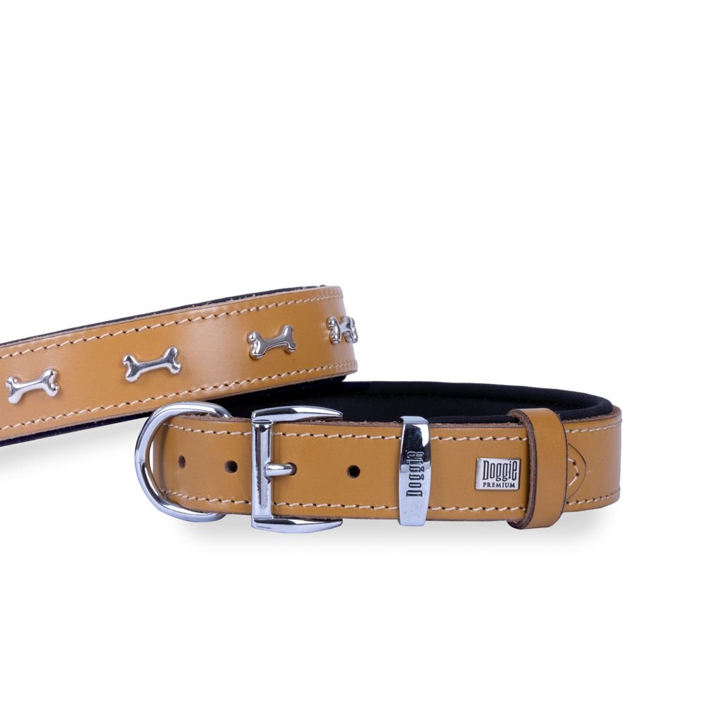Doggie Konforlu Gerçek Deriden El Yapımı Kemik Süslü Köpek Boyun Tasması 2,5x37-45cm - Camel