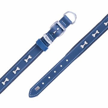 Doggie Konforlu Gerçek Deriden El Yapımı Kemik Süslü Köpek Boyun Tasması 2,5x37-45cm - Royal Blue