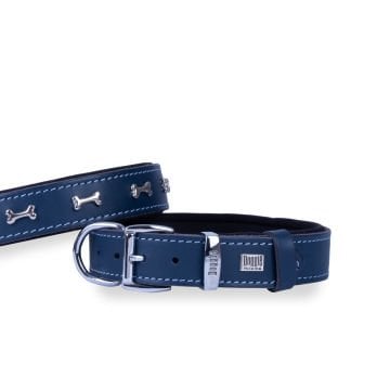 Doggie Konforlu Gerçek Deriden El Yapımı Kemik Süslü Köpek Boyun Tasması 2,5x37-45cm - Royal Blue