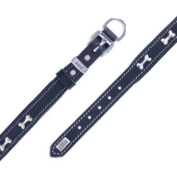 Doggie Konforlu Gerçek Deriden El Yapımı Kemik Süslü Köpek Boyun Tasması 2x30-35cm - Black