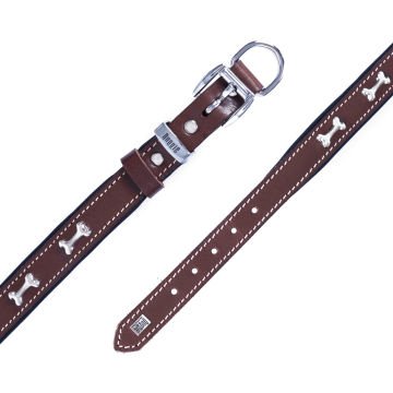 Doggie Konforlu Gerçek Deriden El Yapımı Kemik Süslü Köpek Boyun Tasması 2x30-35cm - Brown