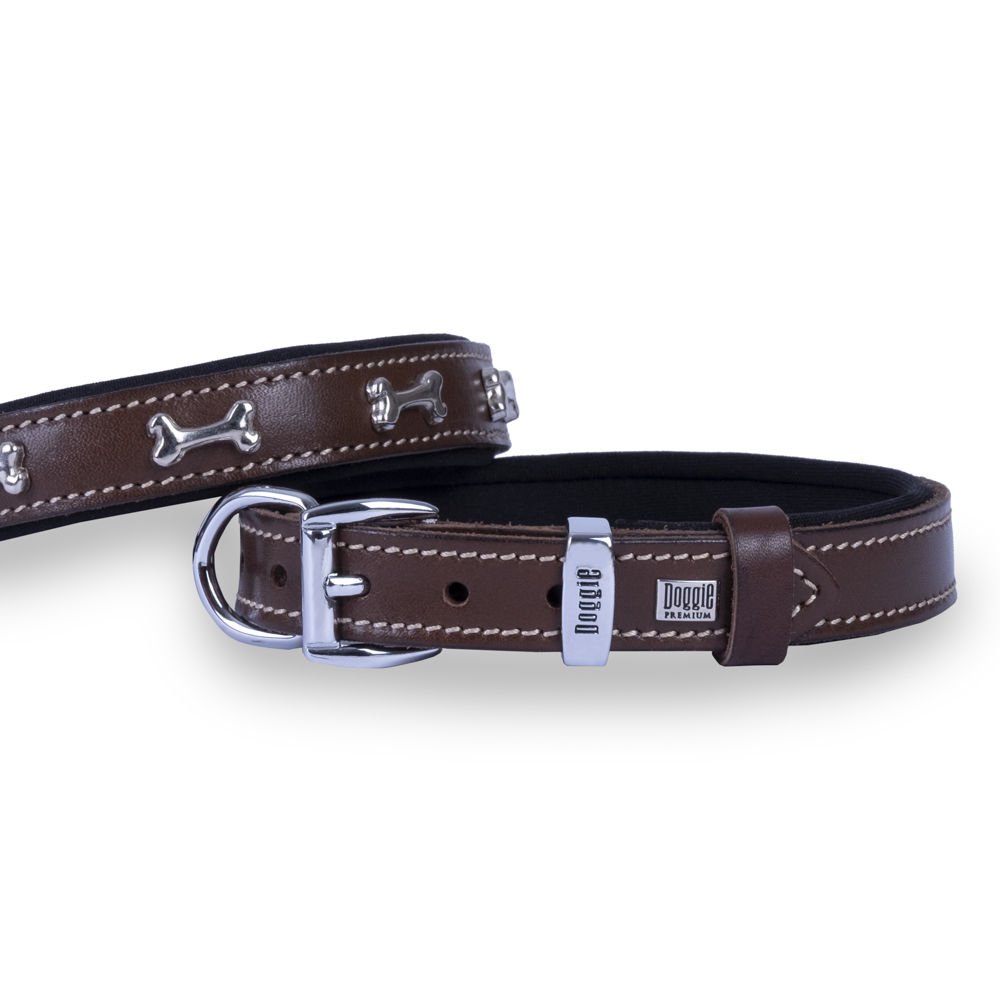 Doggie Konforlu Gerçek Deriden El Yapımı Kemik Süslü Köpek Boyun Tasması 2x30-35cm - Brown