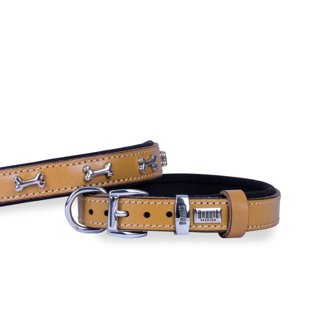 Doggie Konforlu Gerçek Deriden El Yapımı Kemik Süslü Köpek Boyun Tasması 2x30-35cm - Camel