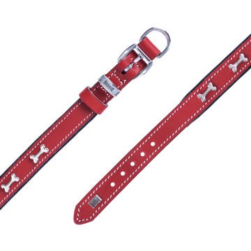 Doggie Konforlu Gerçek Deriden El Yapımı Kemik Süslü Köpek Boyun Tasması 2x30-35cm - Red