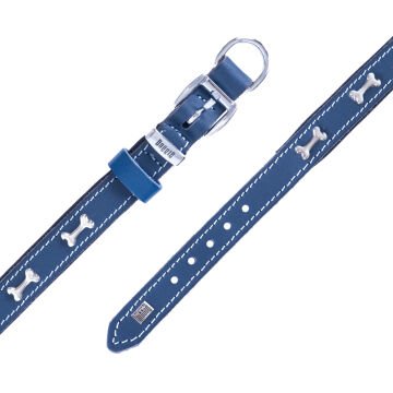 Doggie Konforlu Gerçek Deriden El Yapımı Kemik Süslü Köpek Boyun Tasması 2x30-35cm - Royal Blue