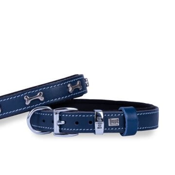 Doggie Konforlu Gerçek Deriden El Yapımı Kemik Süslü Köpek Boyun Tasması 2x30-35cm - Royal Blue