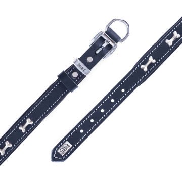 Doggie Konforlu Gerçek Deriden El Yapımı Kemik Süslü Köpek Boyun Tasması 2x35-40cm - Black