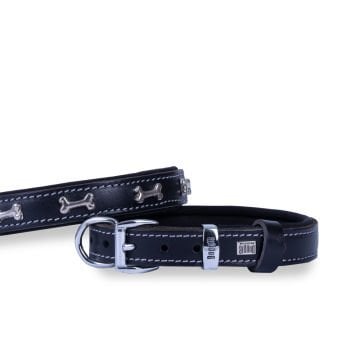 Doggie Konforlu Gerçek Deriden El Yapımı Kemik Süslü Köpek Boyun Tasması 2x35-40cm - Black