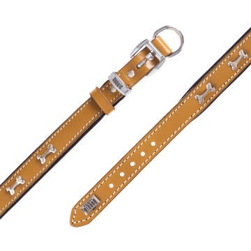 Doggie Konforlu Gerçek Deriden El Yapımı Kemik Süslü Köpek Boyun Tasması 2x35-40cm - Camel