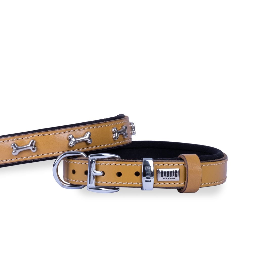 Doggie Konforlu Gerçek Deriden El Yapımı Kemik Süslü Köpek Boyun Tasması 2x35-40cm - Camel