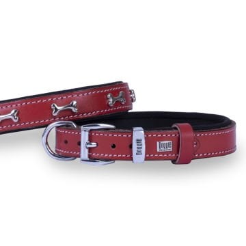 Doggie Konforlu Gerçek Deriden El Yapımı Kemik Süslü Köpek Boyun Tasması 2x35-40cm - Red