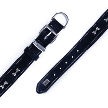Doggie Konforlu Gerçek Deriden El Yapımı Kemik Süslü Köpek Boyun Tasması 3x42-50cm - Black