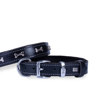 Doggie Konforlu Gerçek Deriden El Yapımı Kemik Süslü Köpek Boyun Tasması 3x42-50cm - Black