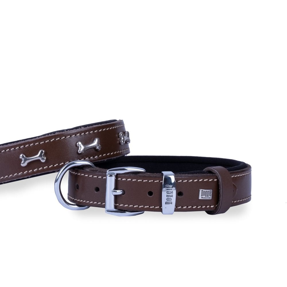 Doggie Konforlu Gerçek Deriden El Yapımı Kemik Süslü Köpek Boyun Tasması 3x42-50cm - Brown