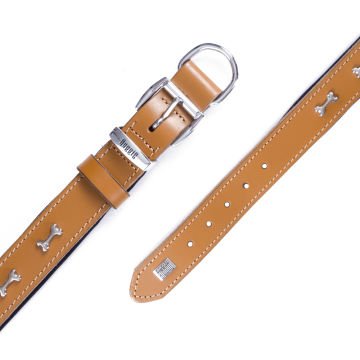 Doggie Konforlu Gerçek Deriden El Yapımı Kemik Süslü Köpek Boyun Tasması 3x42-50cm - Camel