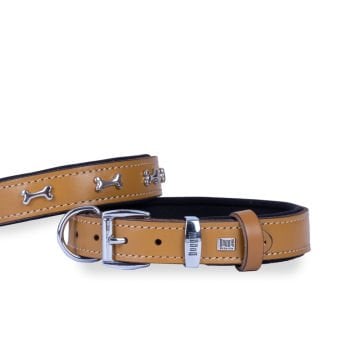 Doggie Konforlu Gerçek Deriden El Yapımı Kemik Süslü Köpek Boyun Tasması 3x42-50cm - Camel