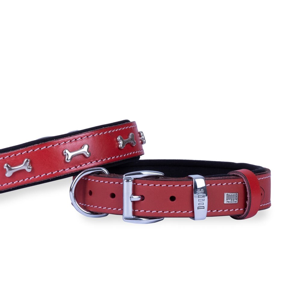 Doggie Konforlu Gerçek Deriden El Yapımı Kemik Süslü Köpek Boyun Tasması 3x42-50cm - Red