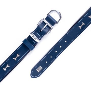 Doggie Konforlu Gerçek Deriden El Yapımı Kemik Süslü Köpek Boyun Tasması 3x42-50cm - Royal Blue