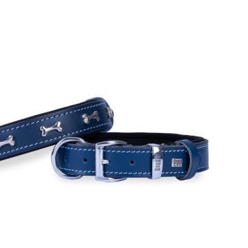 Doggie Konforlu Gerçek Deriden El Yapımı Kemik Süslü Köpek Boyun Tasması 3x42-50cm - Royal Blue
