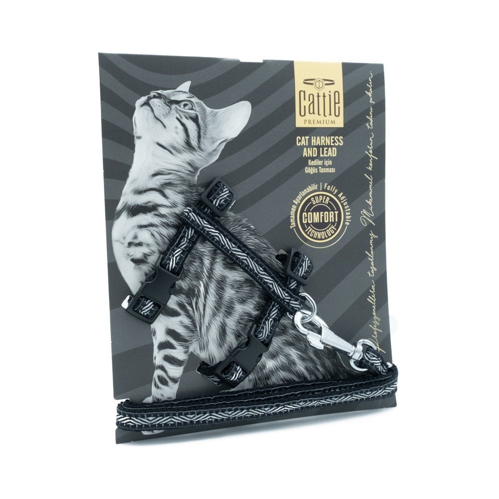Cattie Özel Desenli Dokumadan El Yapımı Kedi Göğüs & Gezdirme Takımı Black