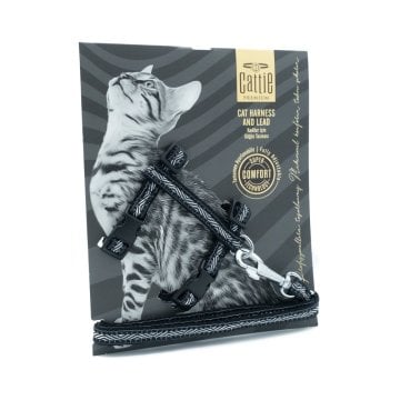 Cattie Özel Desenli Dokumadan El Yapımı Kedi Göğüs & Gezdirme Takımı Black