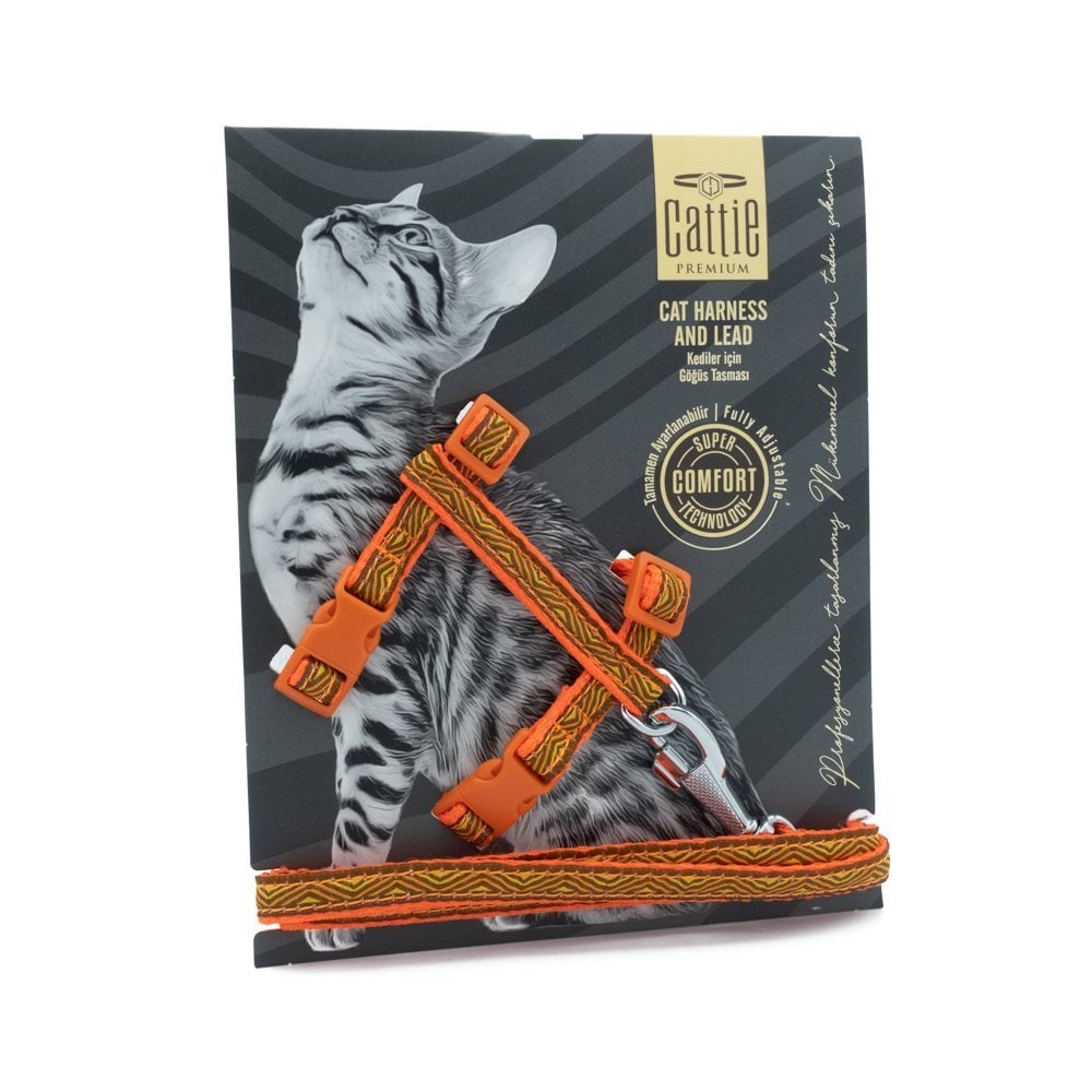 Cattie Özel Desenli Dokumadan El Yapımı Kedi Göğüs & Gezdirme Takımı Orange