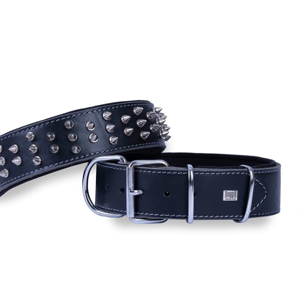 Doggie Çift Kat Gerçek Deriden El Yapımı Çivili Köpek Boyun Tasması 5x60-70cm - Black