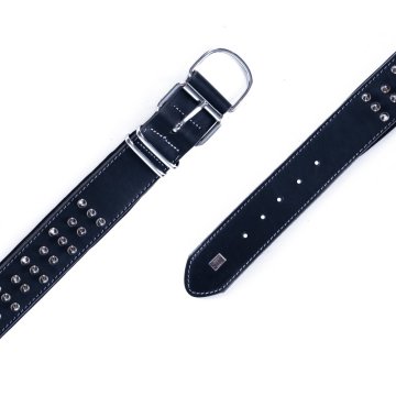 Doggie Çift Kat Gerçek Deriden El Yapımı Çivili Köpek Boyun Tasması 5x60-70cm - Black