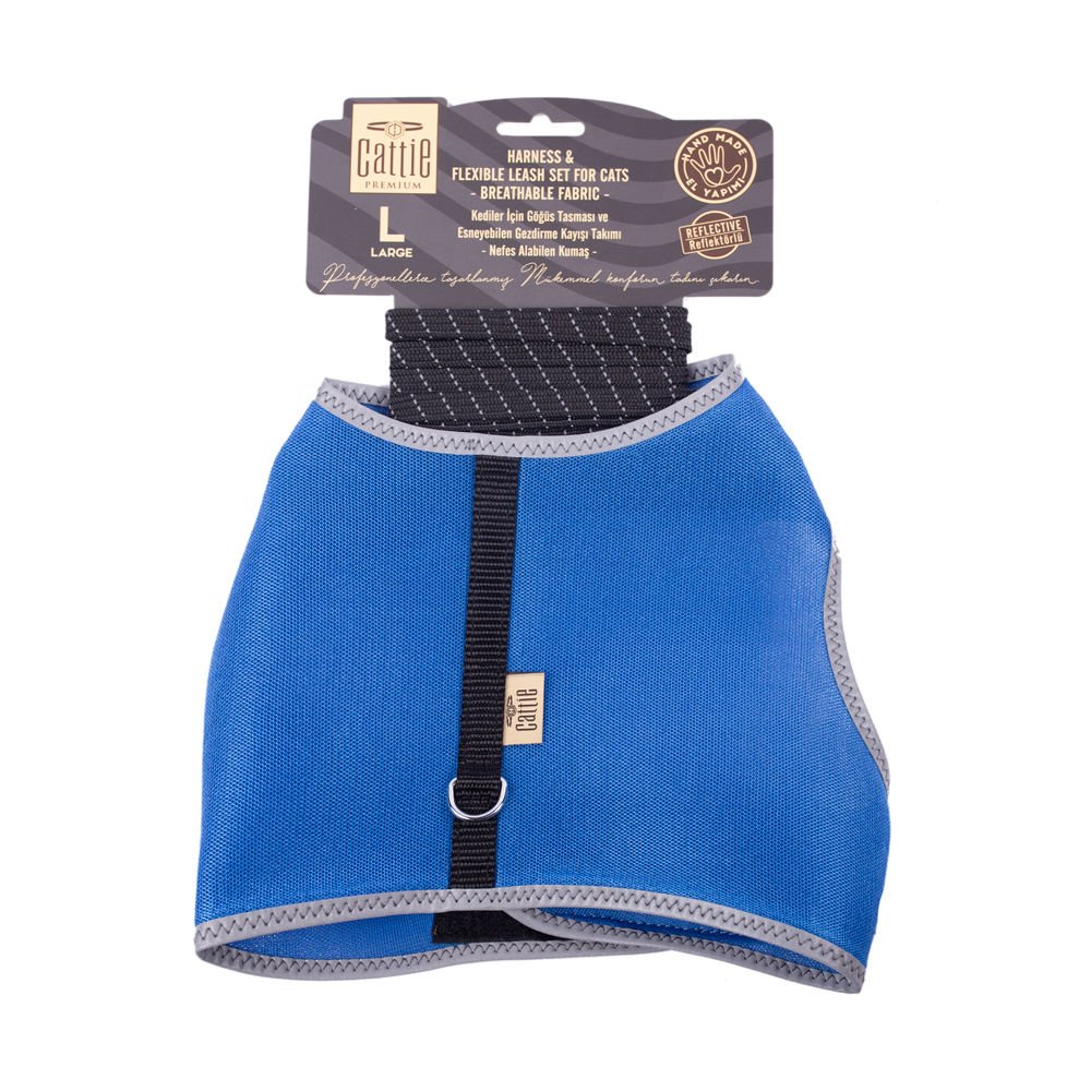 Cattie Havalı Dokumadan El Yapımı Kedi Göğüs & Gezdirme Takımı 1,5x30-40cm - Royal Blue