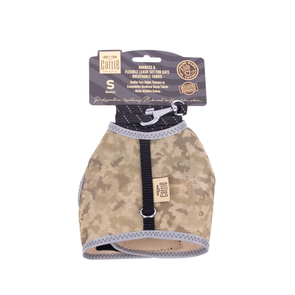 Cattie Havalı Dokumadan El Yapımı Kedi Göğüs & Gezdirme Takımı 1x20-30cm - Camo
