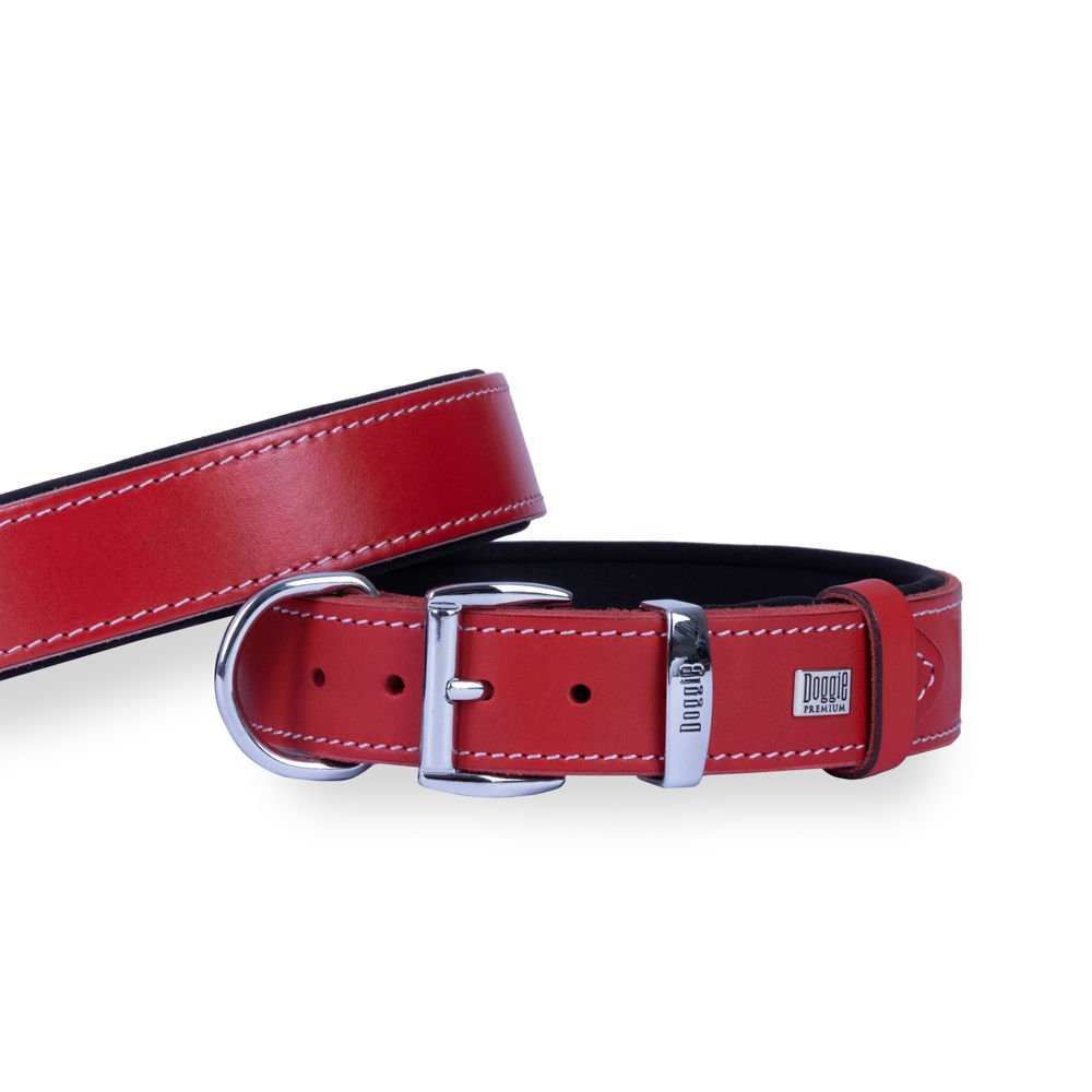 Doggie Konforlu Gerçek Deriden El Yapımı Köpek Boyun Tasması 3,5x52-60cm - Red