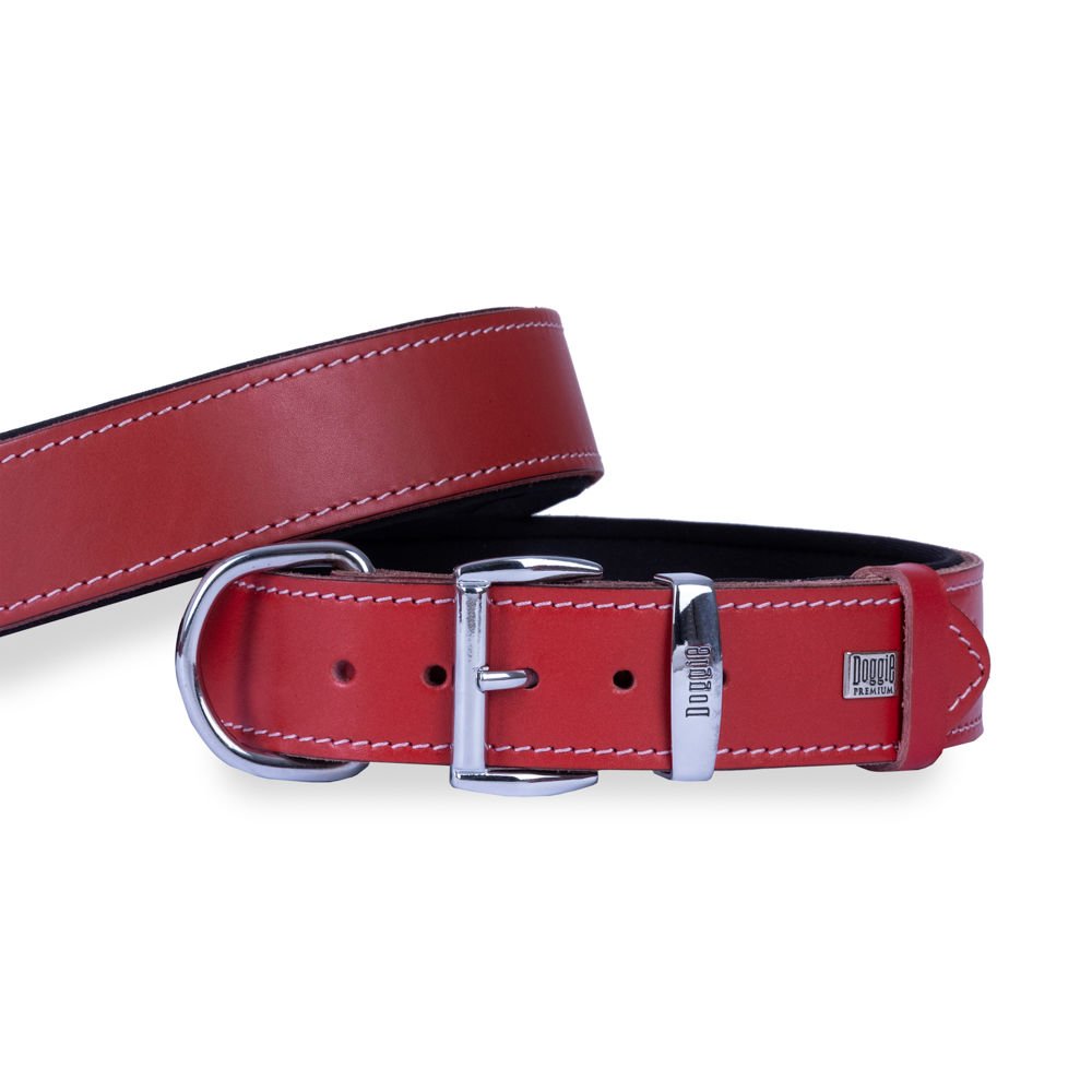 Doggie Konforlu Gerçek Deriden El Yapımı Köpek Boyun Tasması 4x57-65cm - Red