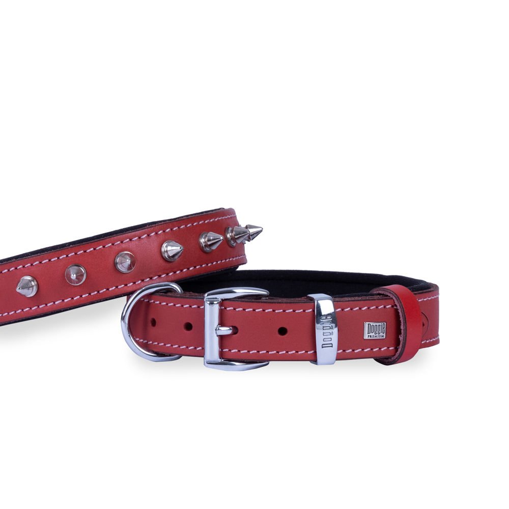 Doggie Konforlu Gerçek Deriden El Yapımı Çivili Köpek Boyun Tasması 3x42-50cm - Red