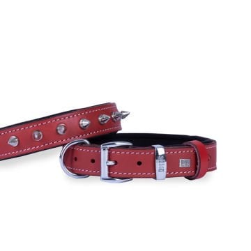 Doggie Konforlu Gerçek Deriden El Yapımı Çivili Köpek Boyun Tasması 3x42-50cm - Red