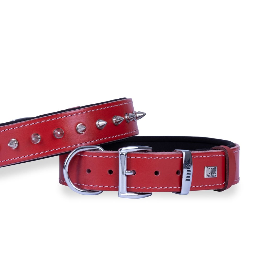 Doggie Konforlu Gerçek Deriden El Yapımı Çivili Köpek Boyun Tasması 3,5x52-60cm - Red