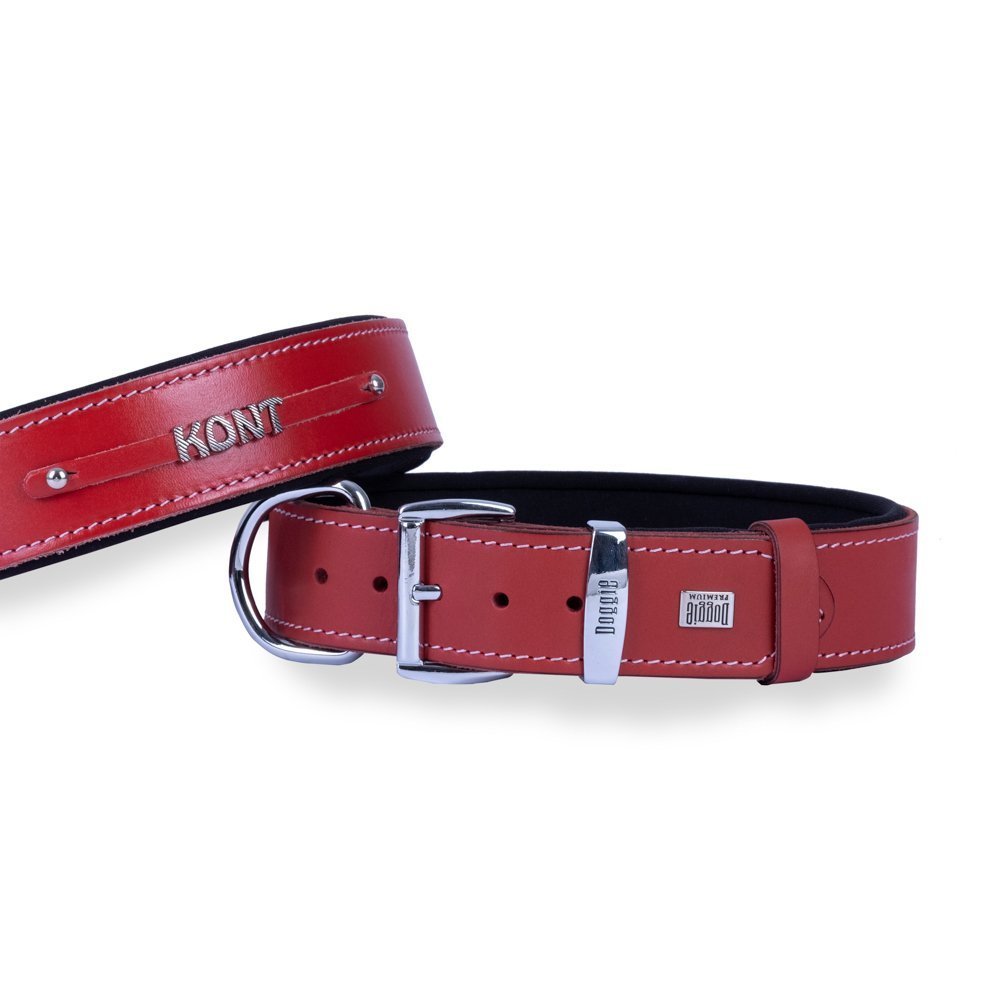 Doggie Konforlu Gerçek Deriden El Yapımı İsimlikli Köpek Boyun Tasması 4x52-60cm - Red