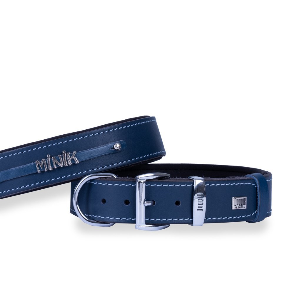 Doggie Konforlu Gerçek Deriden El Yapımı İsimlikli Köpek Boyun Tasması 3,5x52-60cm - Royal Blue