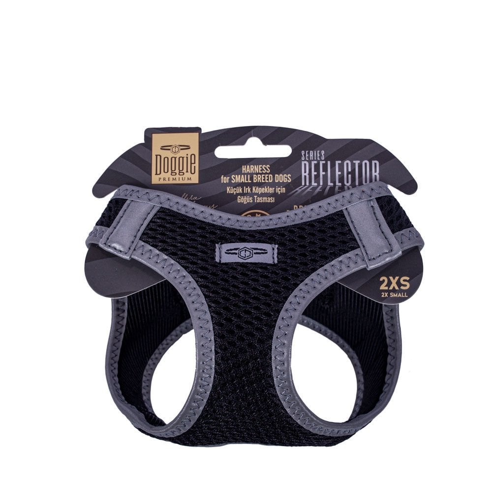 Doggie Havalı Dokumadan Reflektör Serisi El Yapımı Küçük Irk Köpek Göğüs Tasması 2XS 26-30cm - Black