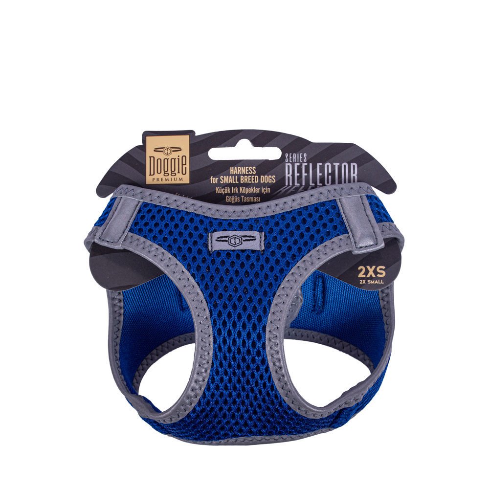 Doggie Havalı Dokumadan Reflektör Serisi El Yapımı Küçük Irk Köpek Göğüs Tasması 2XS 26-30cm - Blue