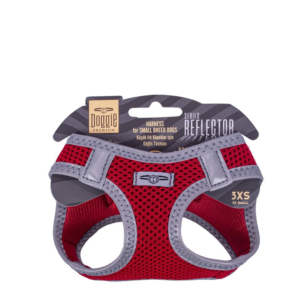 Doggie Havalı Dokumadan Reflektör Serisi El Yapımı Küçük Irk Köpek Göğüs Tasması 3XS 22-26cm - Red