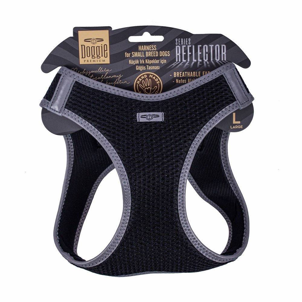 Doggie Havalı Dokumadan Reflektör Serisi El Yapımı Küçük Irk Köpek Göğüs Tasması L 42-48cm - Black