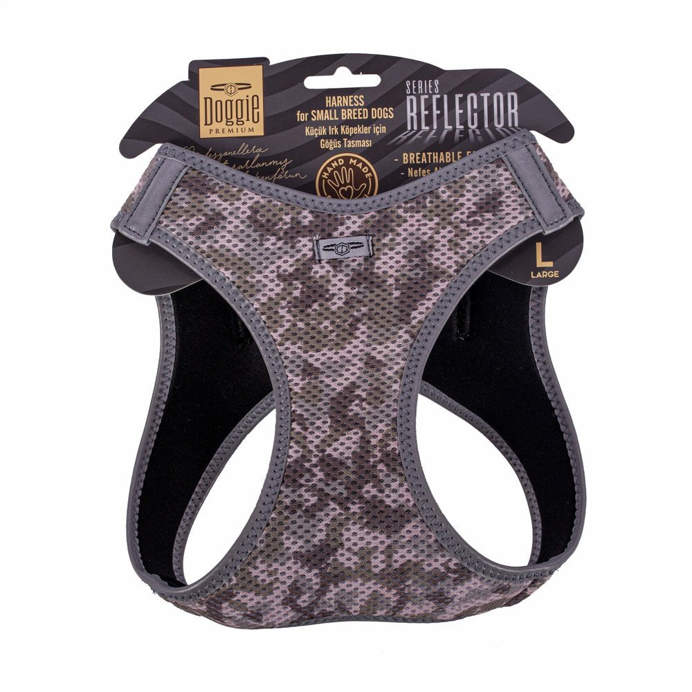 Doggie Havalı Dokumadan Reflektör Serisi El Yapımı Küçük Irk Köpek Göğüs Tasması L 42-48cm - Camo