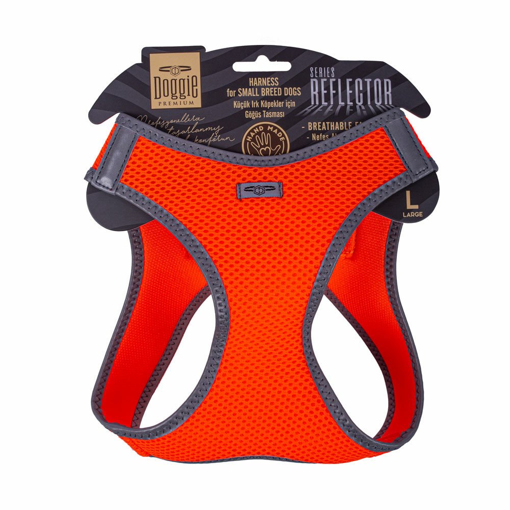 Doggie Havalı Dokumadan Reflektör Serisi El Yapımı Küçük Irk Köpek Göğüs Tasması L 42-48cm - Orange
