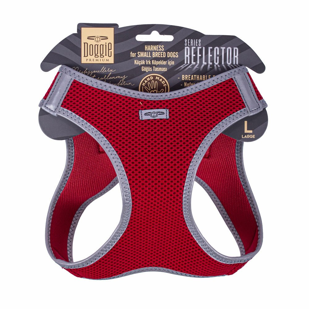 Doggie Havalı Dokumadan Reflektör Serisi El Yapımı Küçük Irk Köpek Göğüs Tasması L 42-48cm - Red
