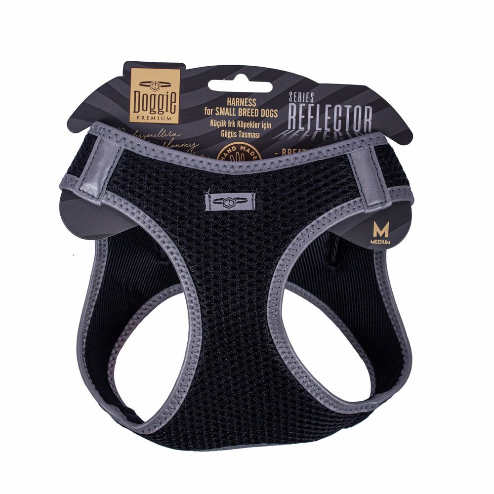 Doggie Havalı Dokumadan Reflektör Serisi El Yapımı Küçük Irk Köpek Göğüs Tasması M 38-44cm - Black