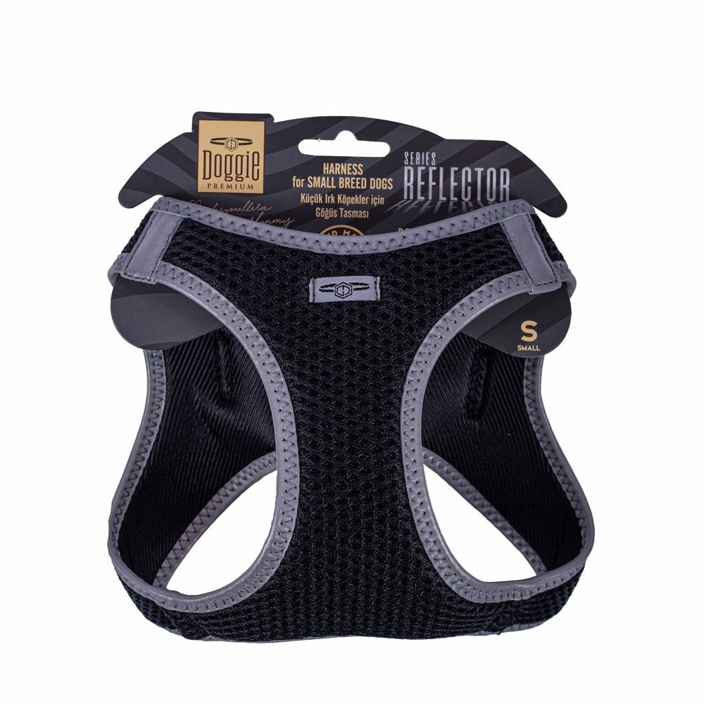 Doggie Havalı Dokumadan Reflektör Serisi El Yapımı Küçük Irk Köpek Göğüs Tasması S 32-38cm - Black